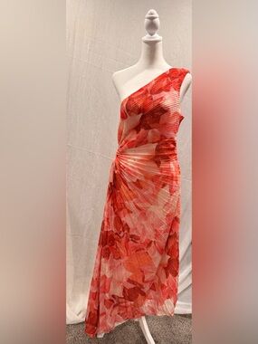 Socialite Coral Red One-Shoulder Pleated Floral Maxi Dress